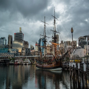 Panoramic view of Darling Harbour with its bustling waterfront, featuring boats, restaurants, and shimmering city skyline