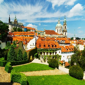 View of the historic Josefov, a former Jewish ghetto in Prague, featuring its narrow streets and distinctive architecture