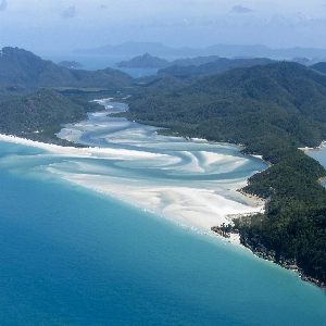 Aerial view of the stunning sandy beaches and lush greenery on Fraser Island, Australia