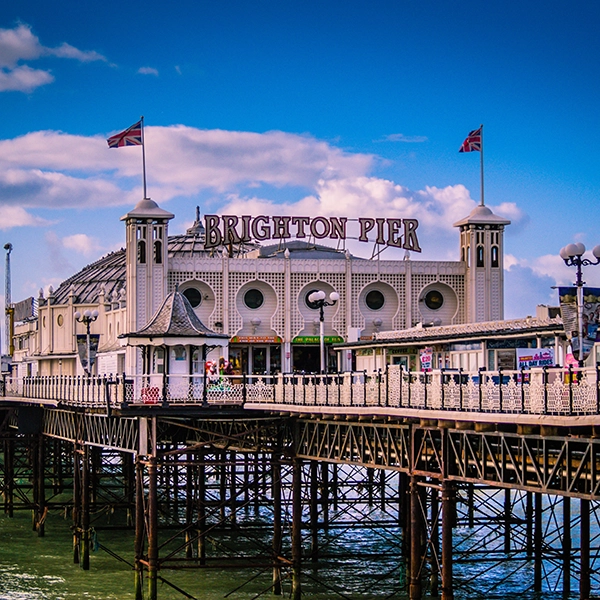 Scenic view of Brighton beach and seaside attractions in vibrant colors