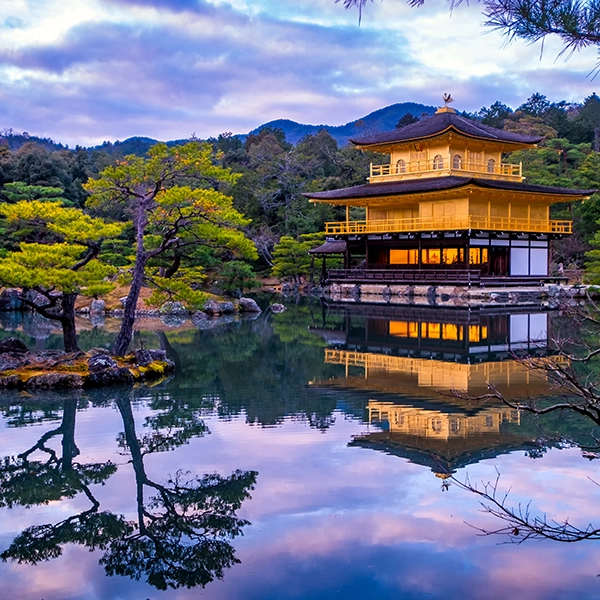 Kinkakuji Temple in Kyoto, Japan - a UNESCO World Heritage Site and iconic Zen temple also known as the Golden Pavilion, featuring a stunning golden facade and beautiful gardens.